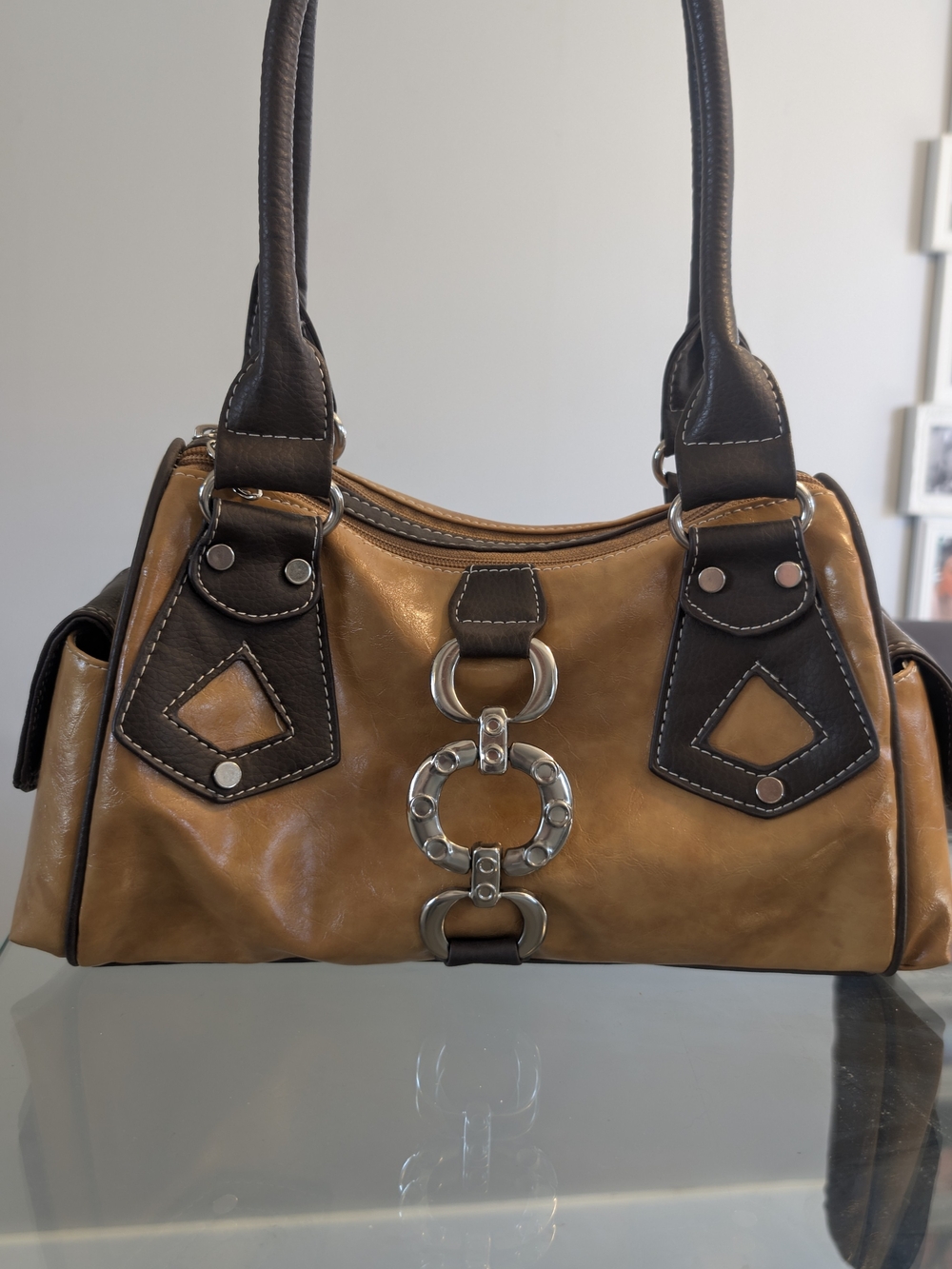 Y2K Tan and Dark Brown Leather Tote Handbag
